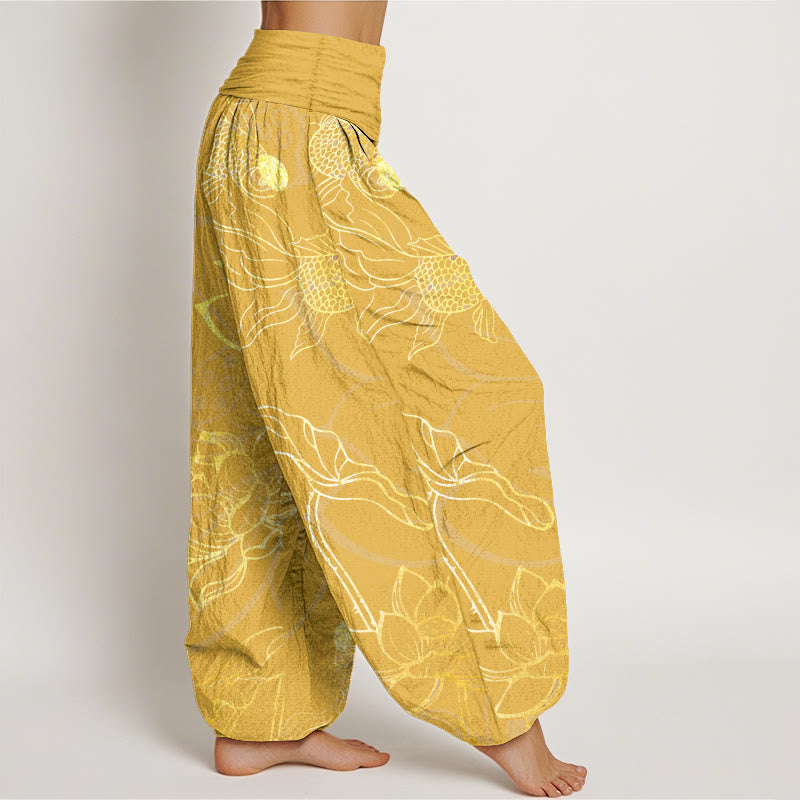 Pantalon Sarouel Femme Poissons Koi Lotus en Coton Pur Buddha Stones avec Taille Élastique