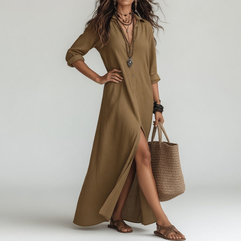 Violaine™ — Robe chemise longue bohème chic naturelle