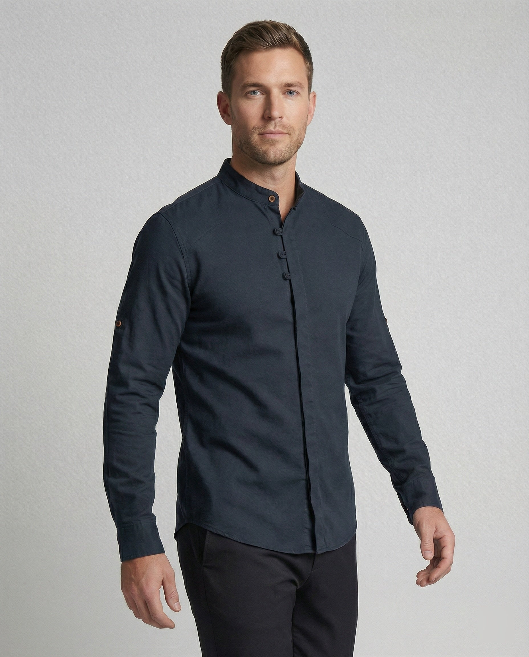The Kaede — Indigo Linen Band-Collar Shirt