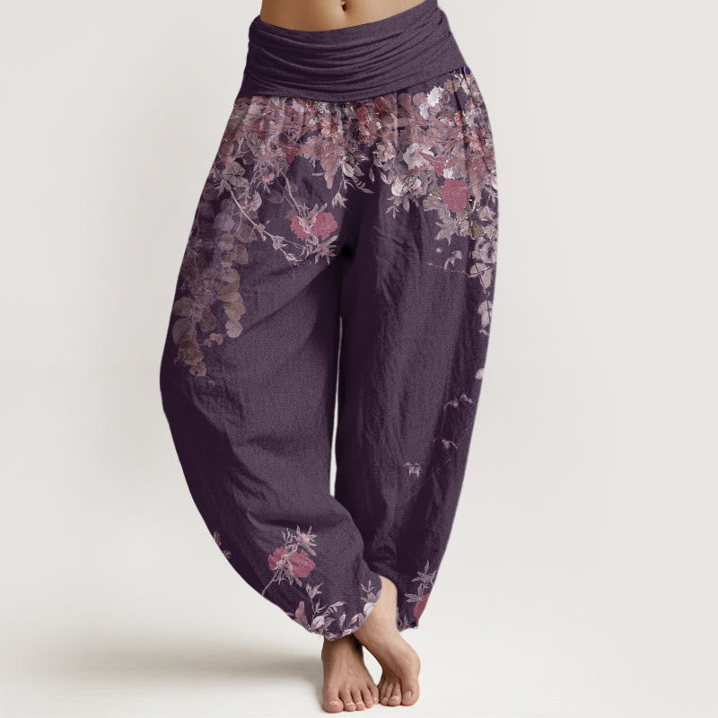 Pantalon Harem Décontracté en Coton pour Femme à Taille Élastique avec Motif de Vigne de Fleur de Pivoine Rouge Buddha Stones