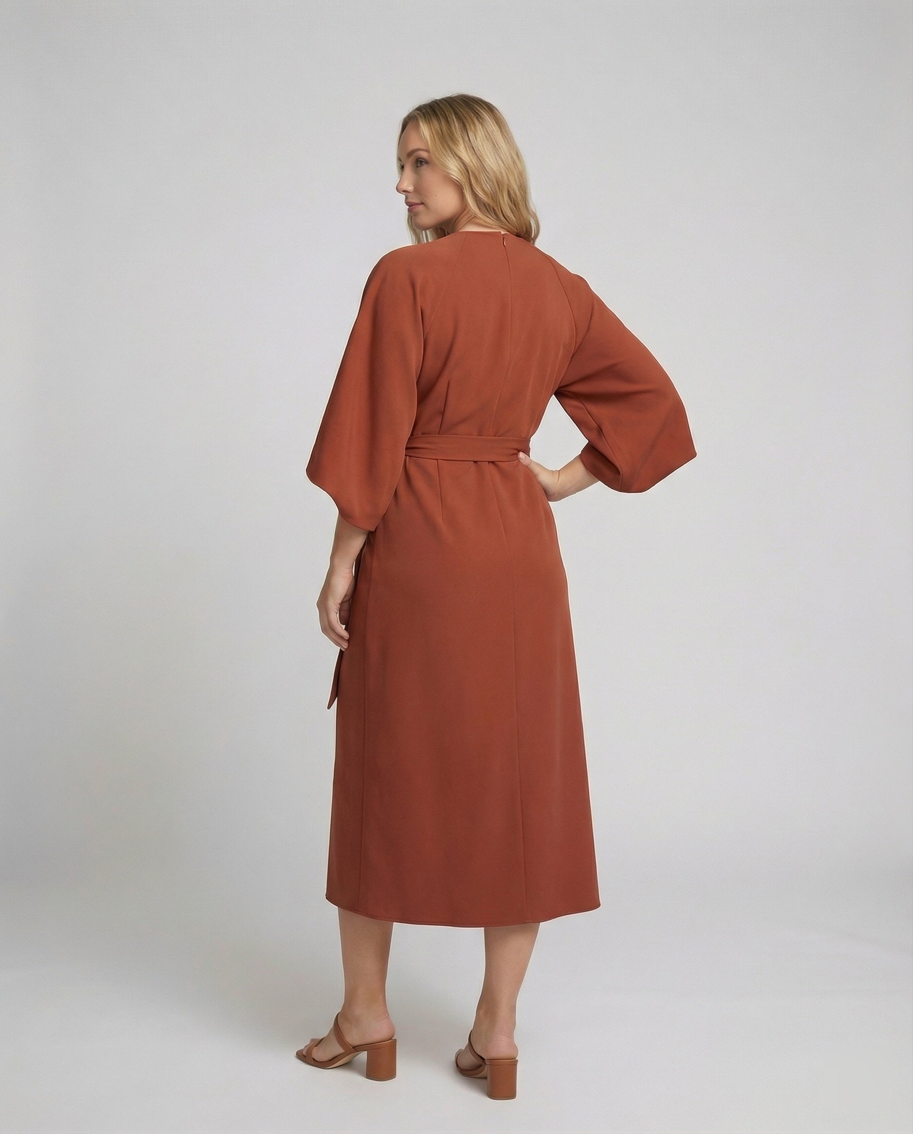 The Esmé — Lantern Sleeve Midi Dress in Rust Brown