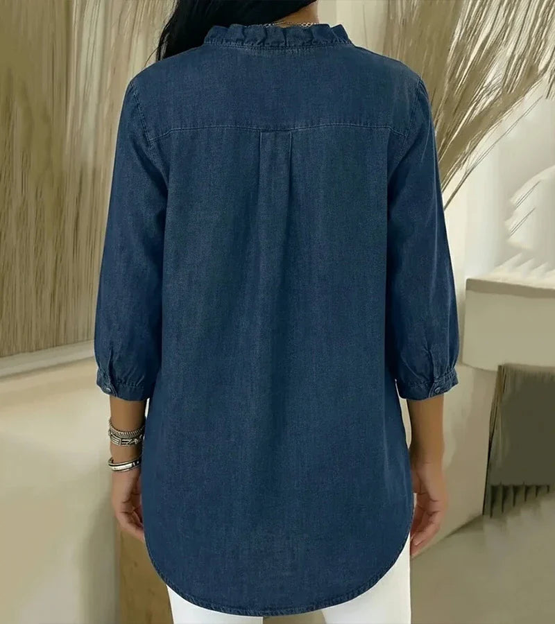 Linnea — Midnight Denim Ruffle Blouse