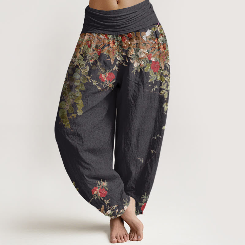 Pantalon Harem Décontracté en Coton pour Femme à Taille Élastique avec Motif de Vigne de Fleur de Pivoine Rouge Buddha Stones