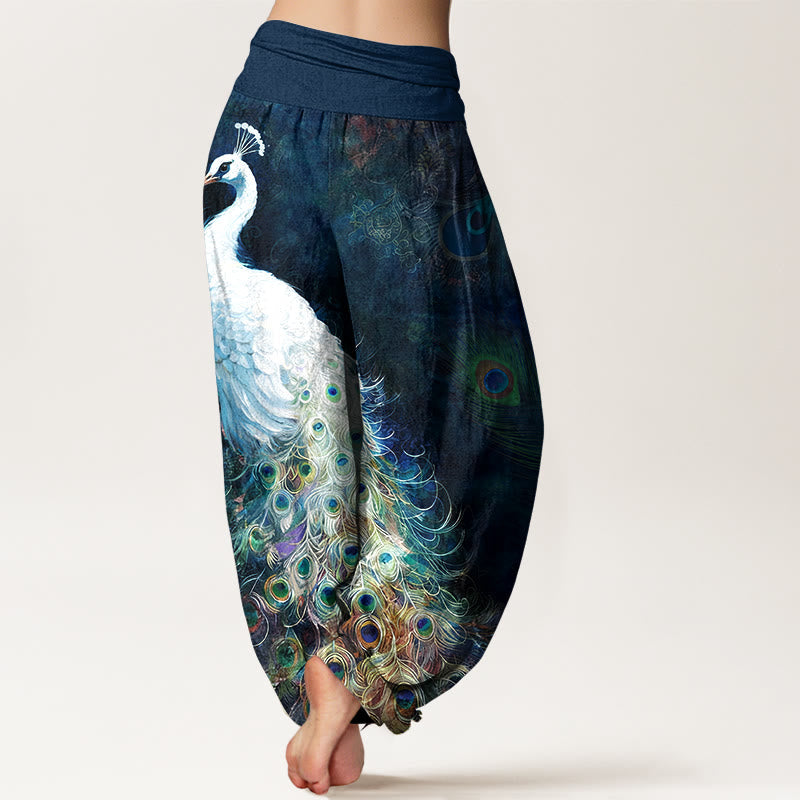 Pantalon sarouel femme taille élastique en coton pur Buddha Stones avec design magnifique de paon