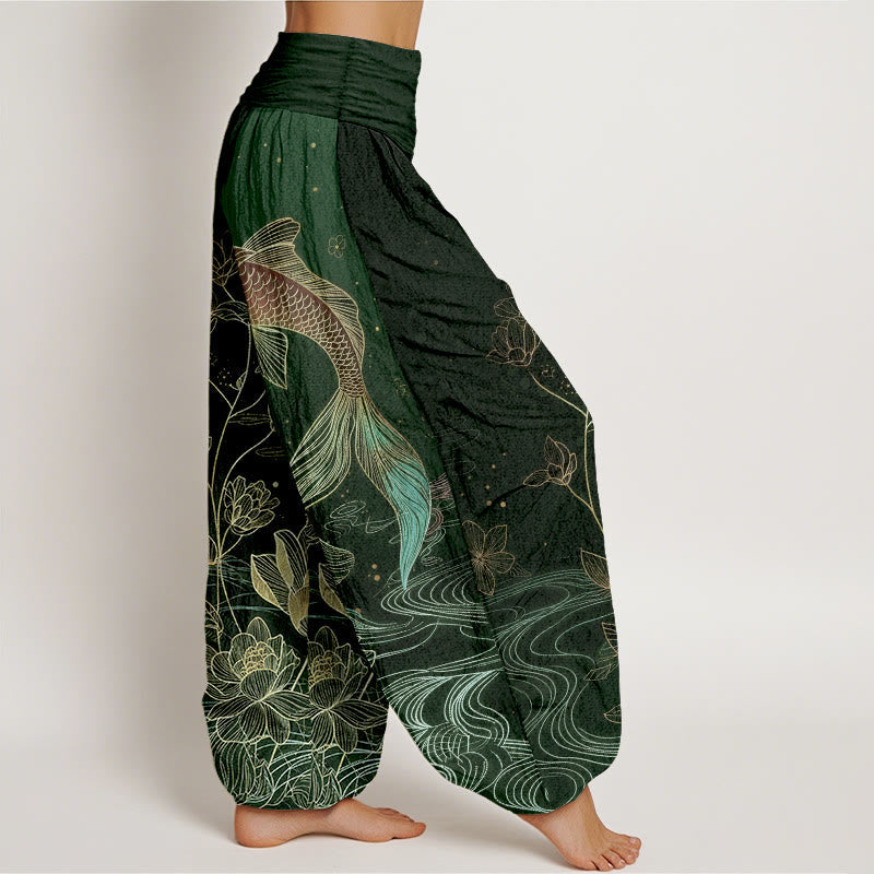Pantalon Sarouel Femme Taille Élastique Coton Pur Design Poisson Koi Lotus Pierres Bouddha
