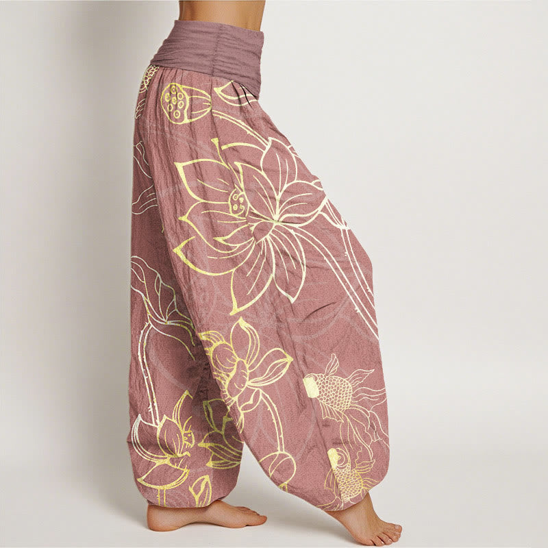 Pantalon Sarouel Femme Poissons Koi Lotus en Coton Pur Buddha Stones avec Taille Élastique