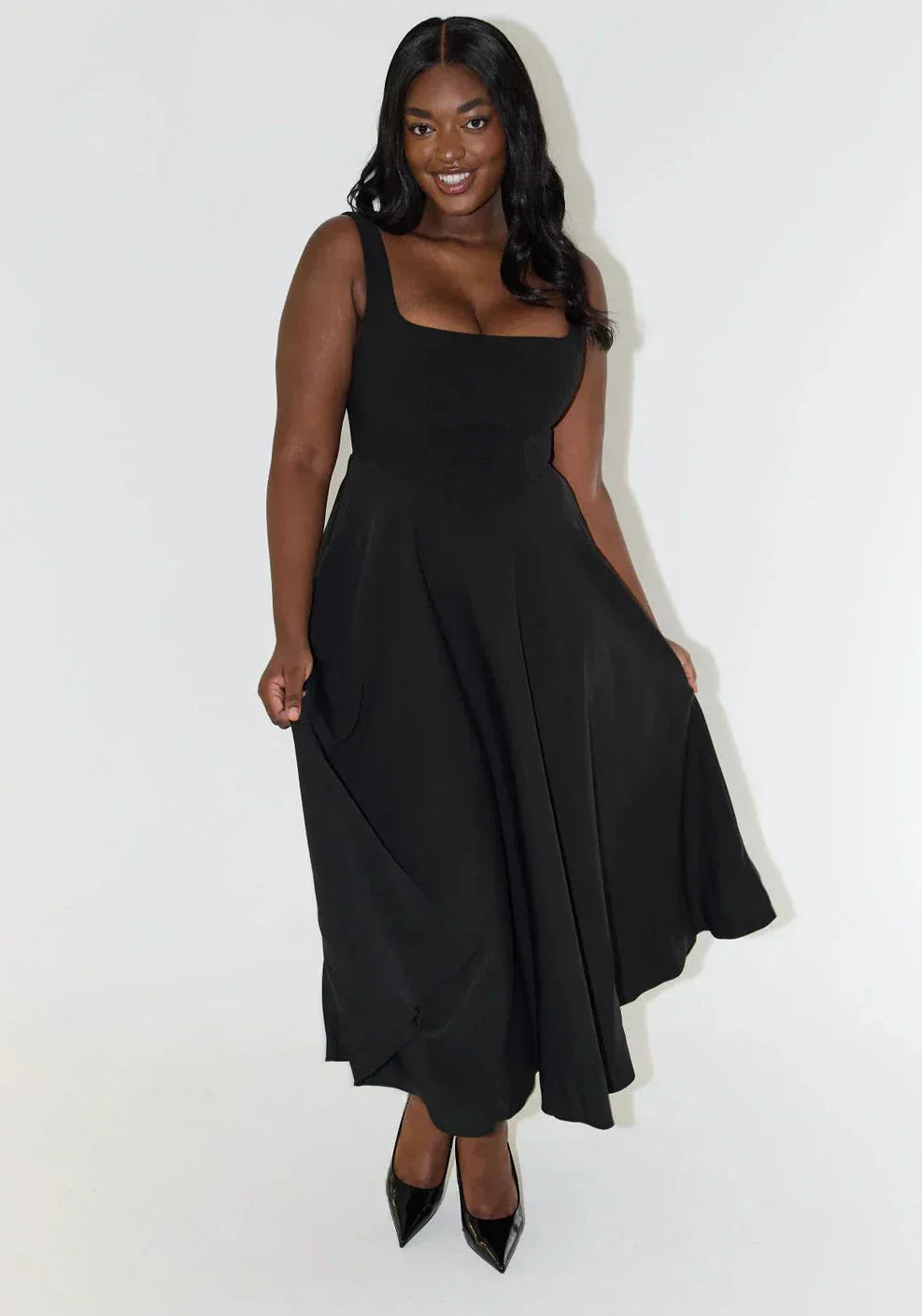 The Elara Midi — Noir Square Neck Dress