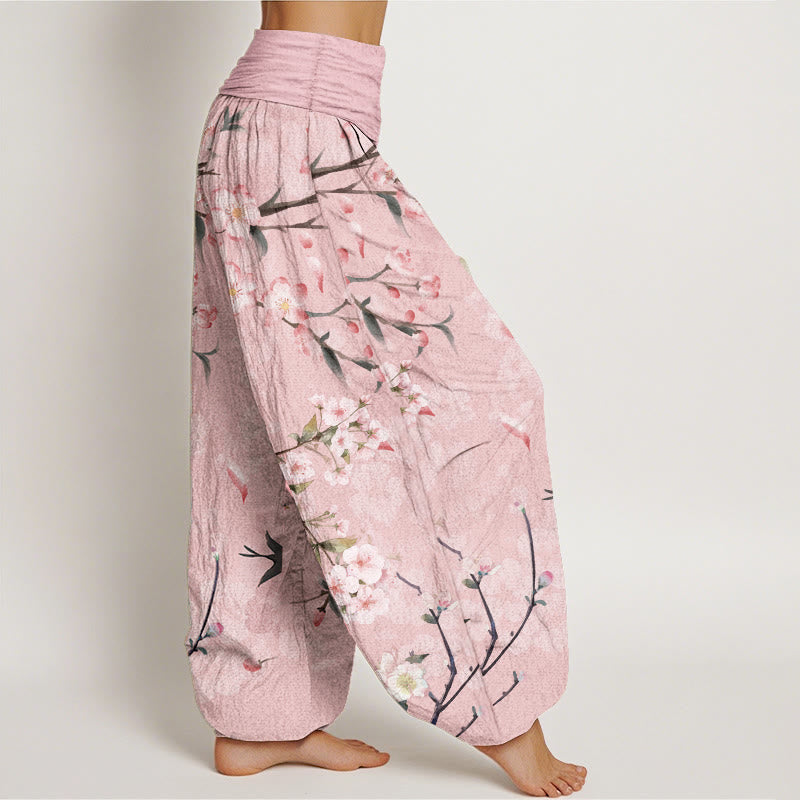 Pantalon sarouel taille élastique femme en coton pur Buddha Stones motif pêchers en fleurs et oies sauvages volantes