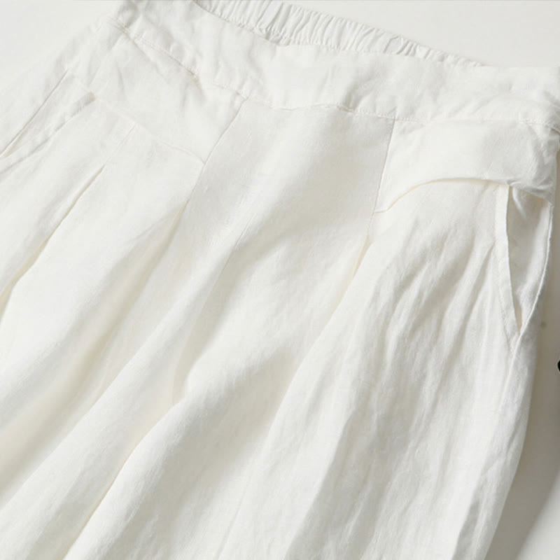 Pantalon large taille haute en coton et lin couleur unie Buddha Stones avec poches