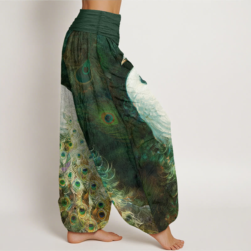 Pantalon sarouel femme taille élastique en coton pur Buddha Stones avec design magnifique de paon