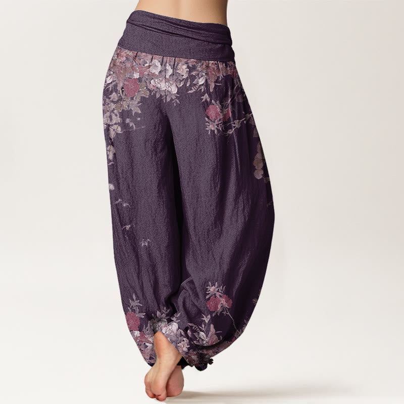 Pantalon Harem Décontracté en Coton pour Femme à Taille Élastique avec Motif de Vigne de Fleur de Pivoine Rouge Buddha Stones