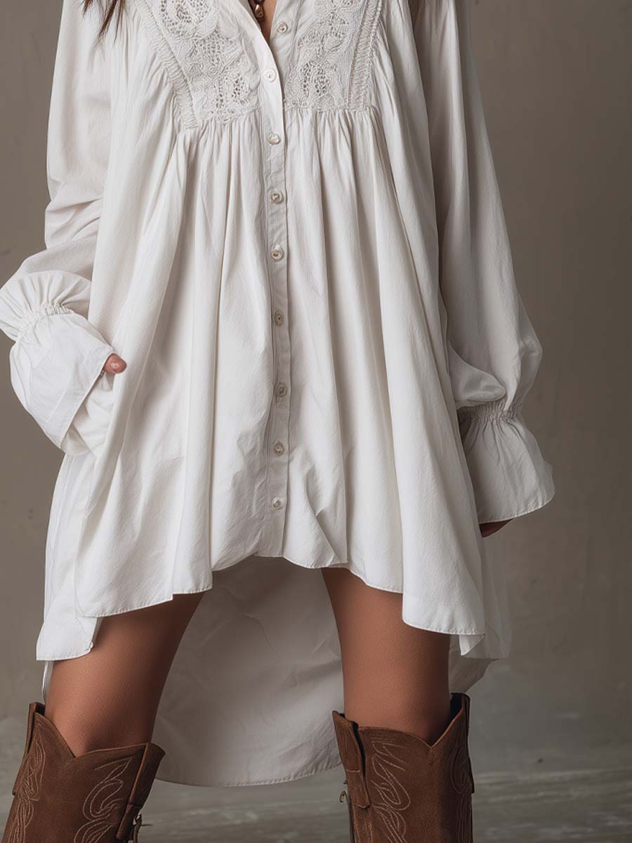 Robe courte à manches longues style rétro avec ourlet en dentelle irrégulier