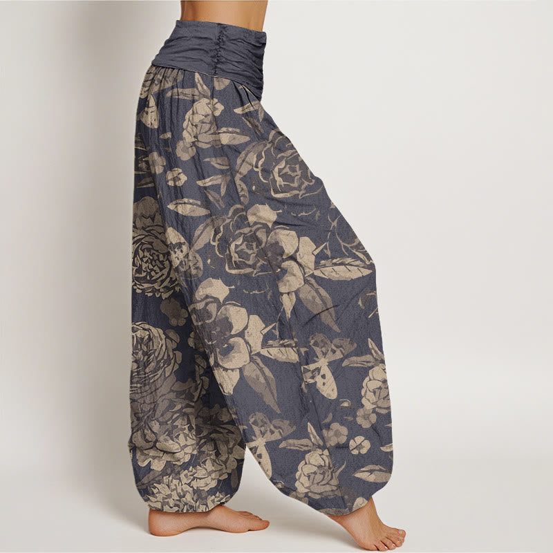 Pantalon Sarouel Décontracté en Coton Buddha Stones pour Femme, Motifs Pivoine Florale et Feuilles, Taille Élastique