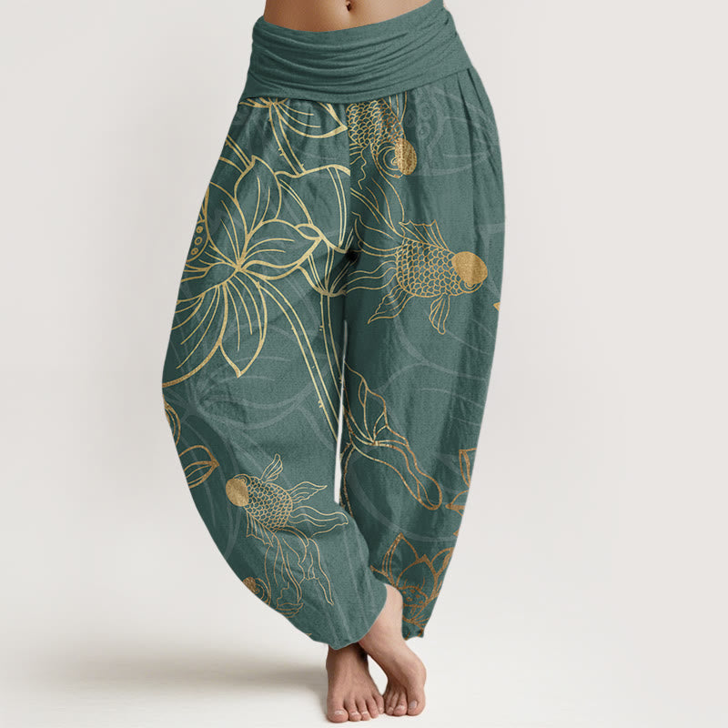 Pantalon Sarouel Femme Poissons Koi Lotus en Coton Pur Buddha Stones avec Taille Élastique