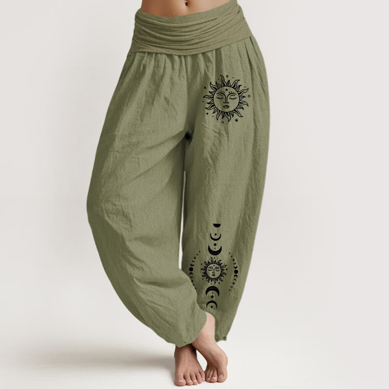 Pantalon Harem en Coton Pur pour Femme à Taille Élastique avec Motif Pierres Bouddha Soleil Lune Étoiles