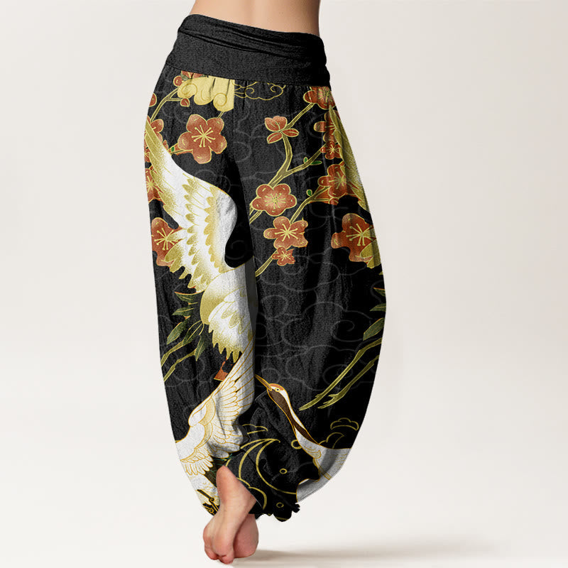 Pantalon sarouel femme en coton Buddha Stones avec motifs grues, fleurs et nuages porte-bonheur, taille élastique