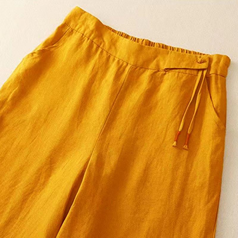 Pantalon Capri Large Femme Bouton Unique Couleur Unie Buddha Stones avec Poches