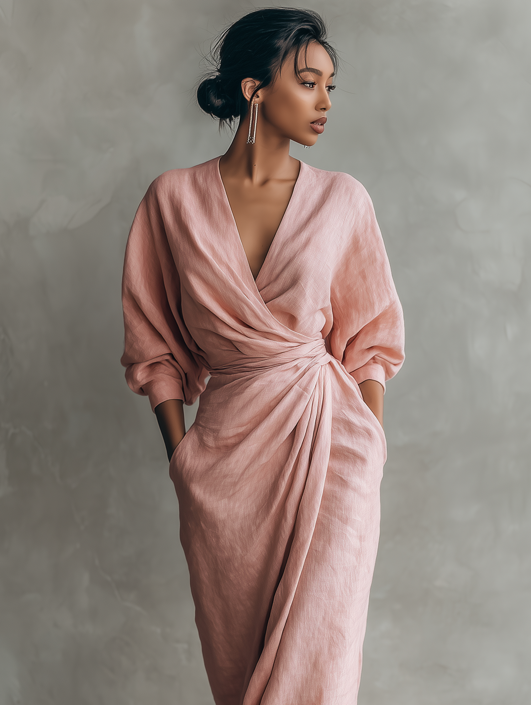 Taylor - Robe Maxi Minimaliste Rose avec Col en V, Confectionnée en Mélange de Lin pour Femmes