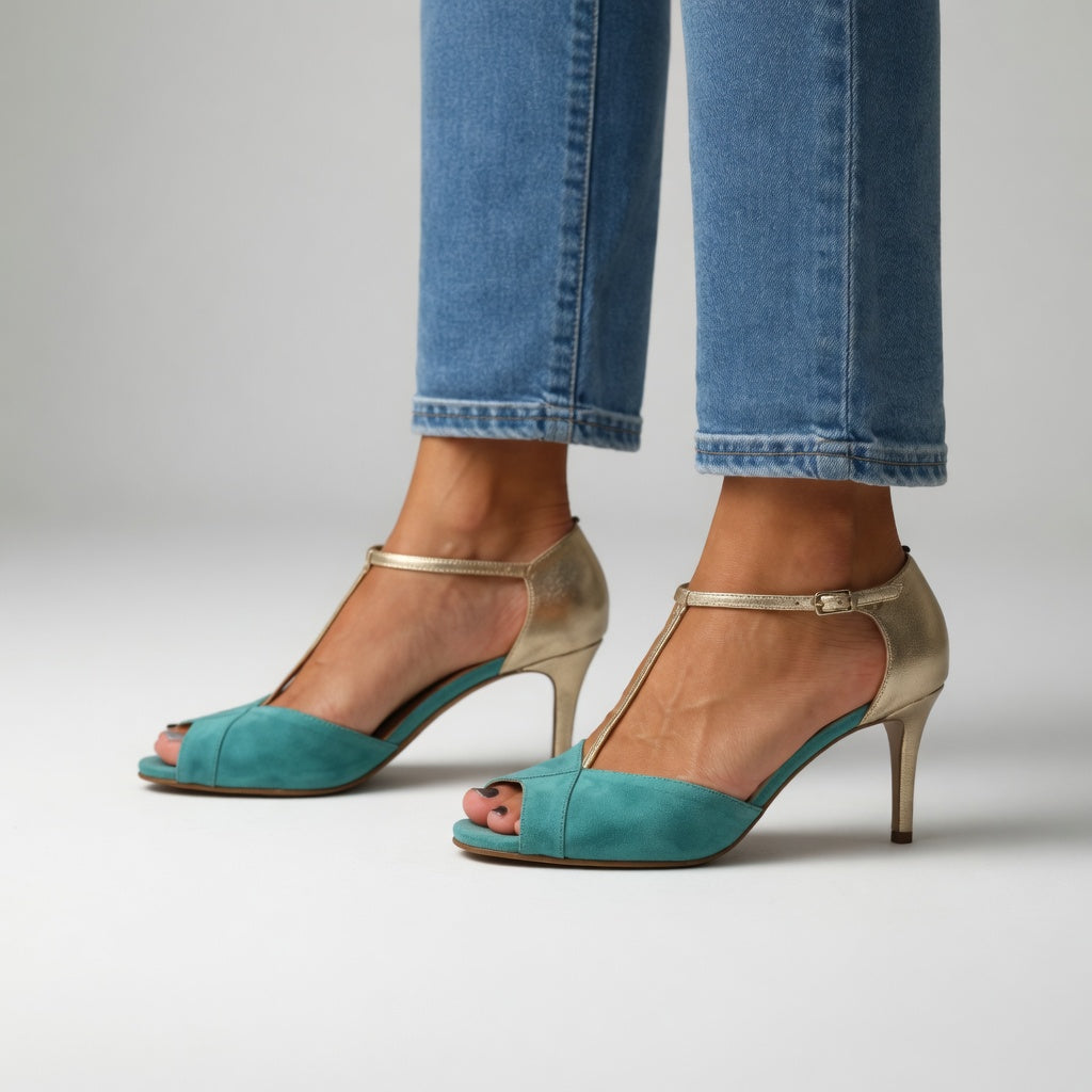 Roksana™ — Élégance vibrante en sandale à talon aiguille bicolore turquoise et doré