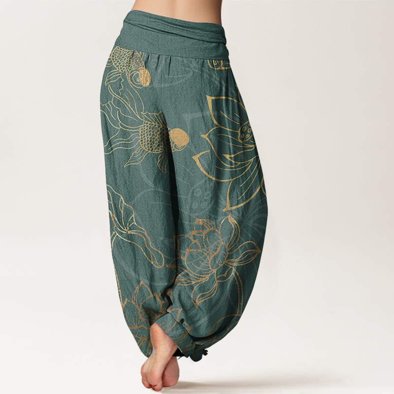 Pantalon Sarouel Femme Poissons Koi Lotus en Coton Pur Buddha Stones avec Taille Élastique