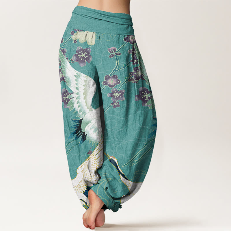 Pantalon sarouel femme en coton Buddha Stones avec motifs grues, fleurs et nuages porte-bonheur, taille élastique