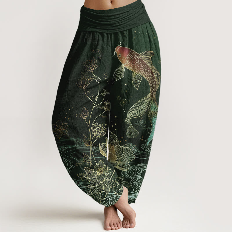 Pantalon Sarouel Femme Taille Élastique Coton Pur Design Poisson Koi Lotus Pierres Bouddha
