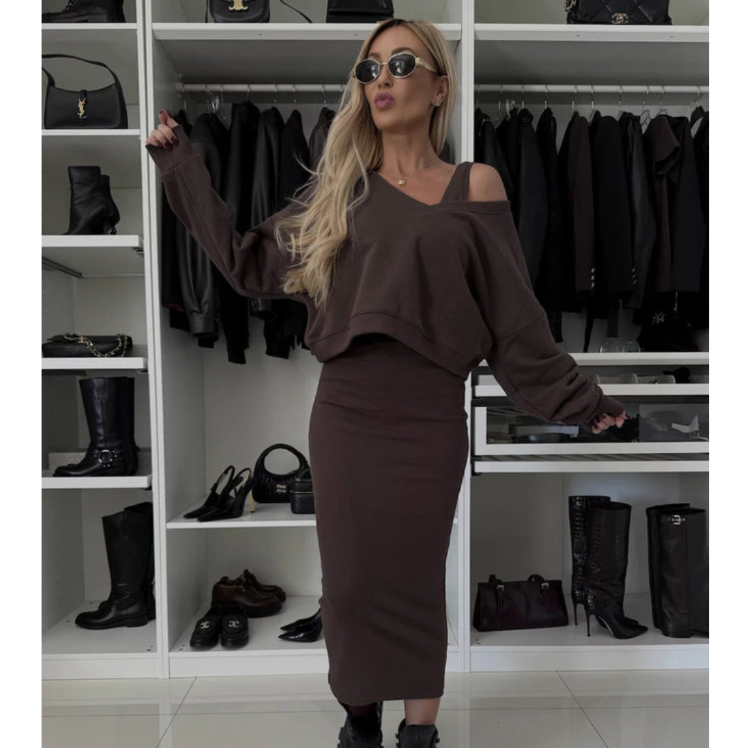 The Liora Set — Dune Cold-Shoulder Knit