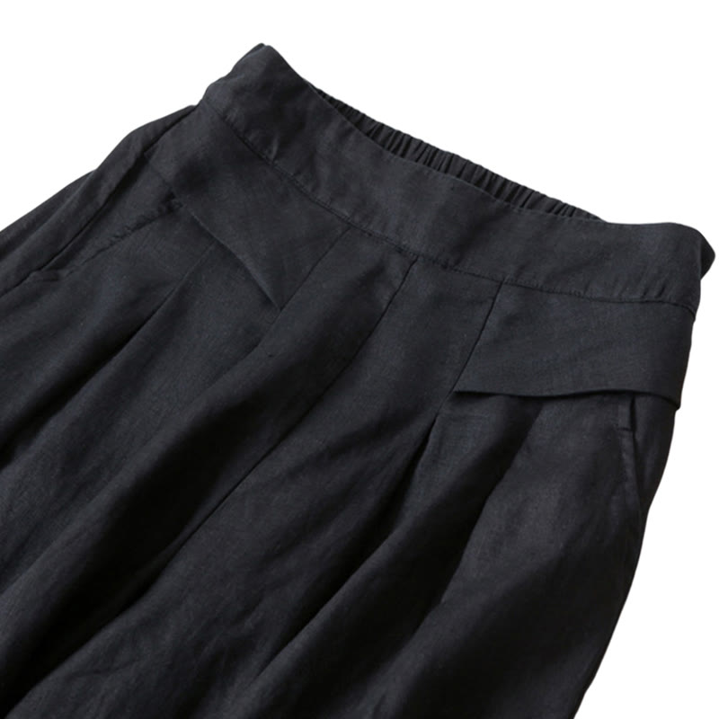 Pantalon large taille haute en coton et lin couleur unie Buddha Stones avec poches