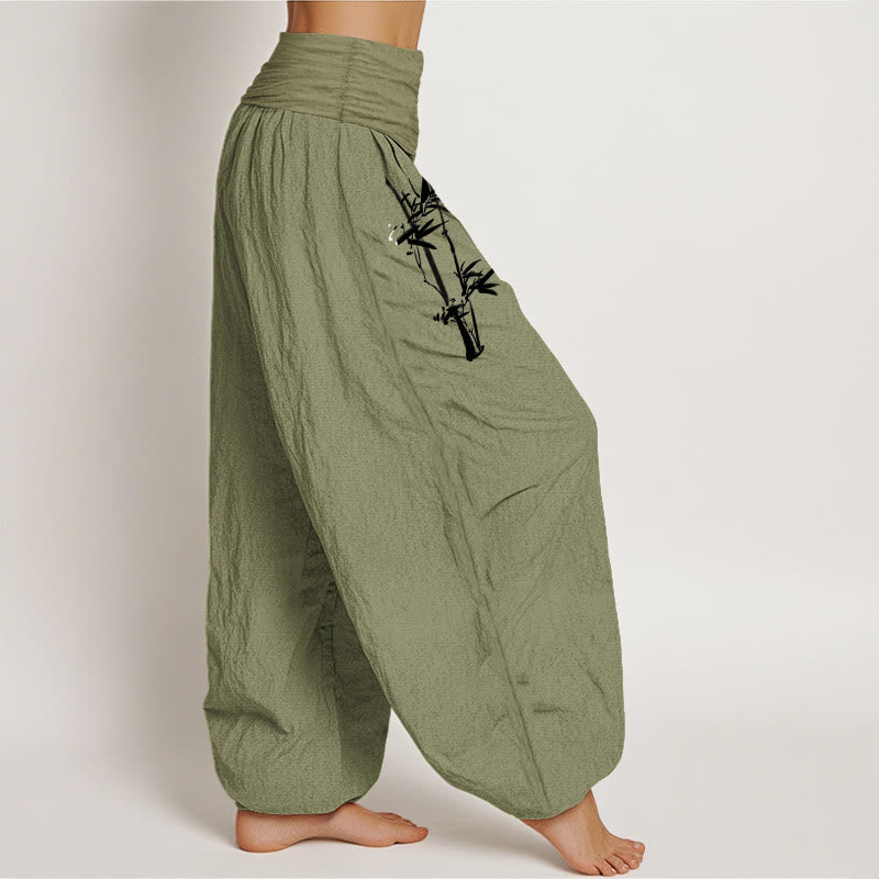 Pantalon Harem Femme en Coton Pur à Taille Élastique, Motif Soleil Rouge, Feuilles de Bambou et Pierres de Bouddha