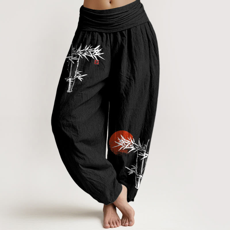 Pantalon Harem Femme en Coton Pur à Taille Élastique, Motif Soleil Rouge, Feuilles de Bambou et Pierres de Bouddha