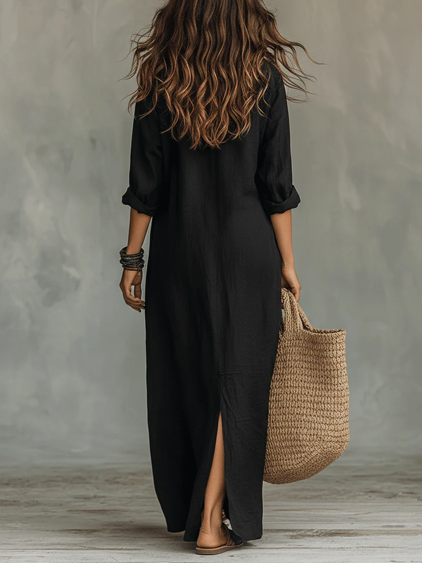 Robe Maxi Boutonnée à Col V Flottant Celine™