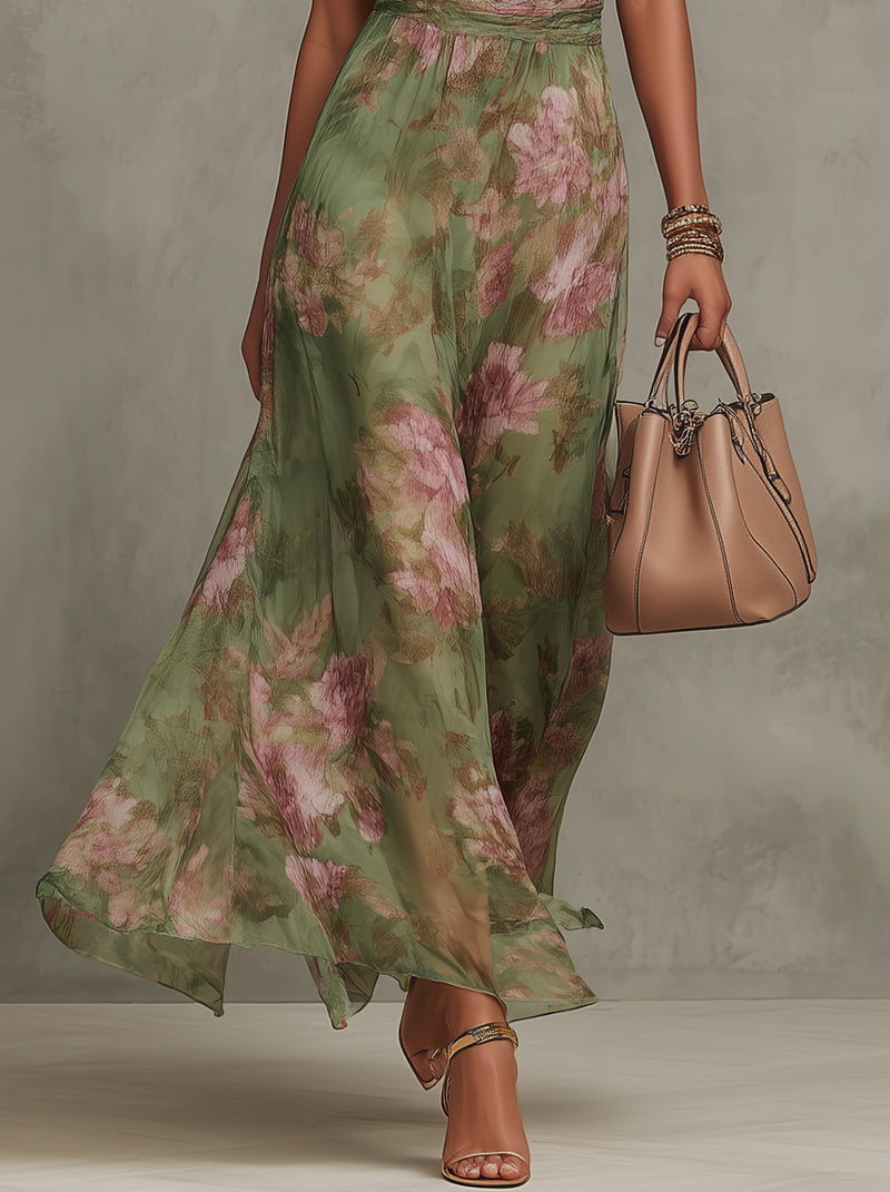Jazina | Robe longue en mousseline verte à col halter