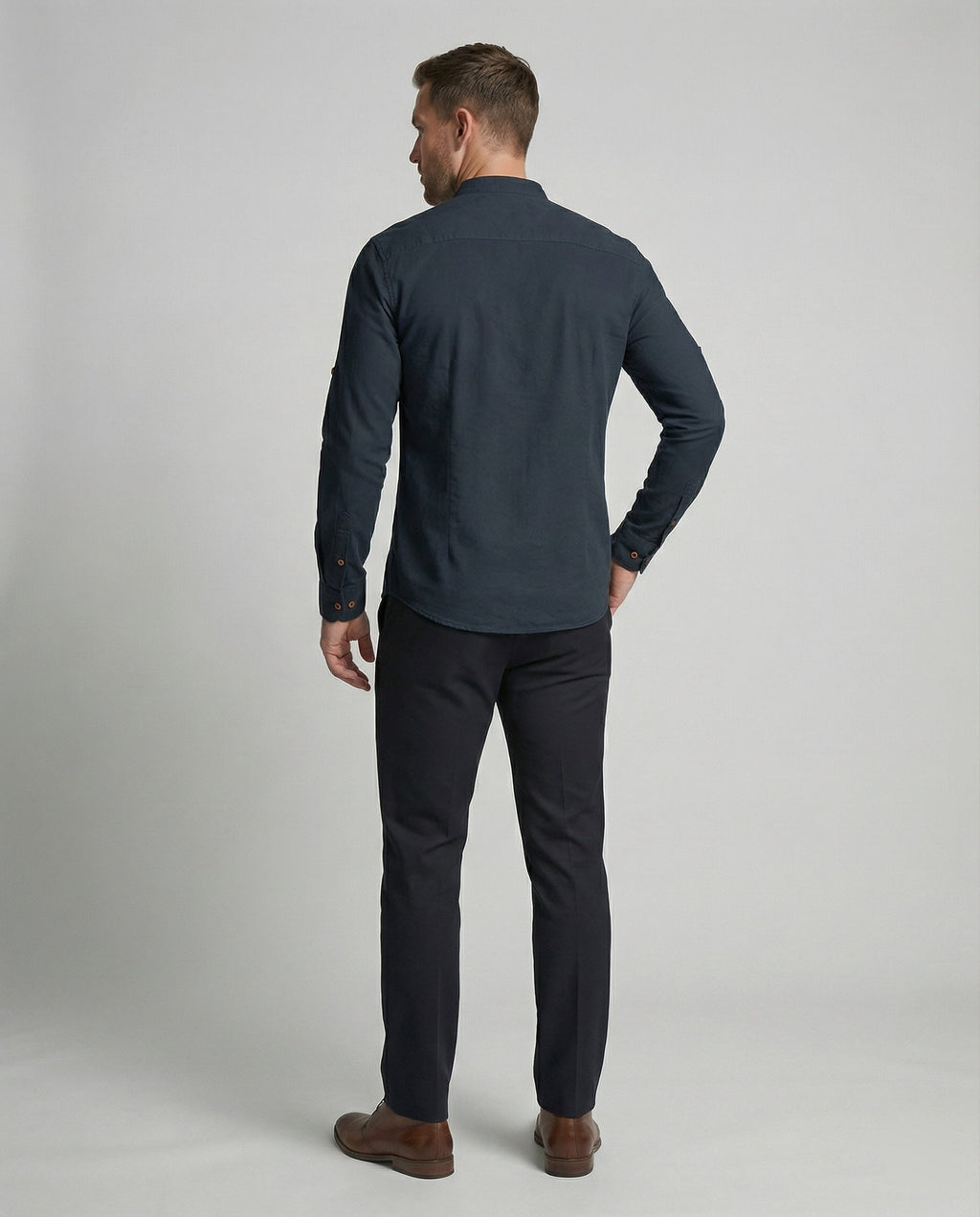 The Kaede — Indigo Linen Band-Collar Shirt