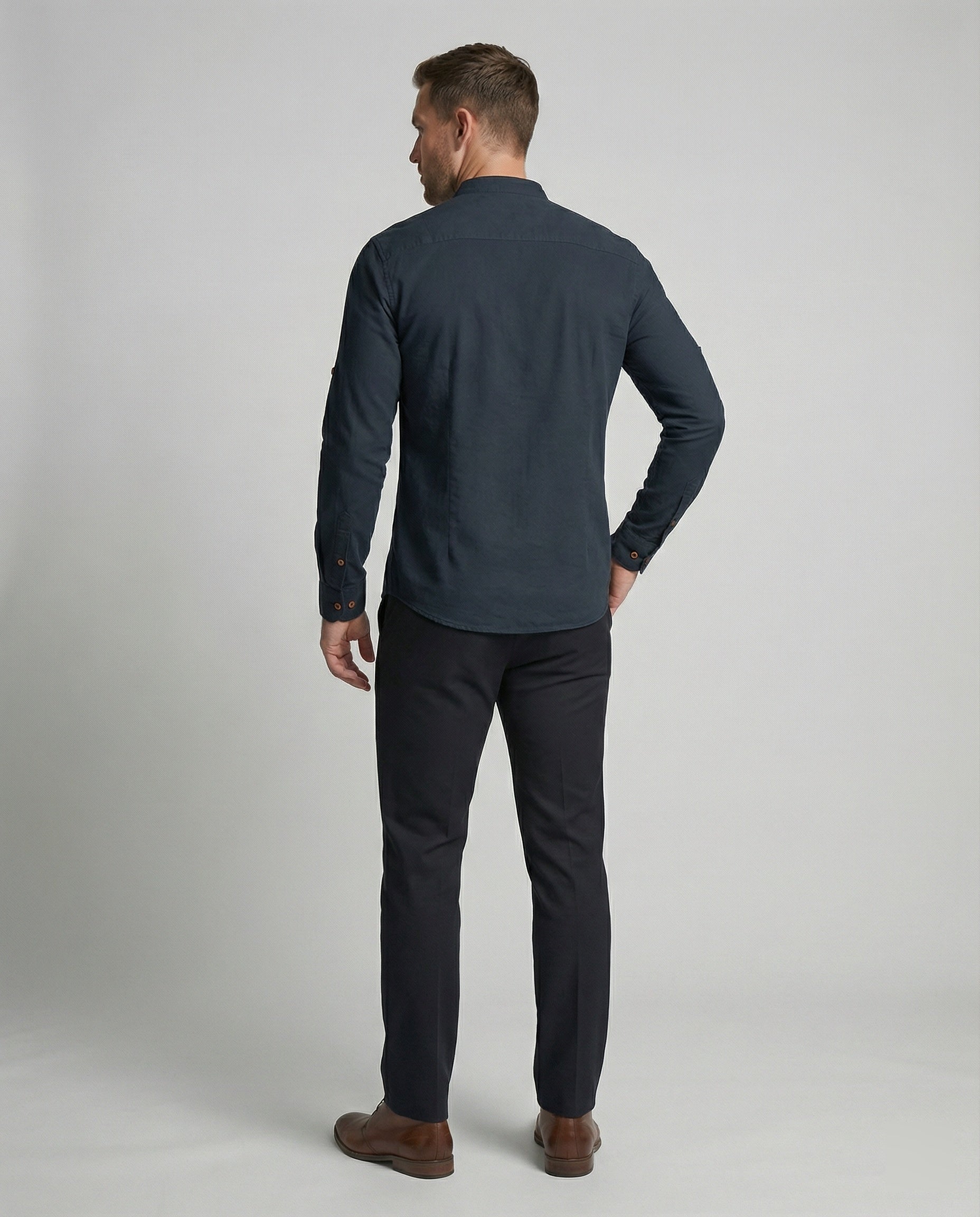 The Kaede — Indigo Linen Band-Collar Shirt