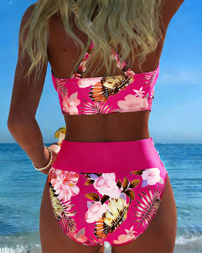 Bikini fendu à motif floral contrastant