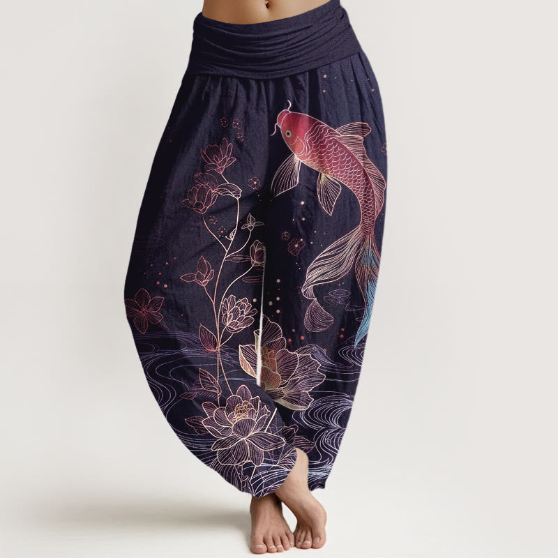 Pantalon Sarouel Femme Taille Élastique Coton Pur Design Poisson Koi Lotus Pierres Bouddha