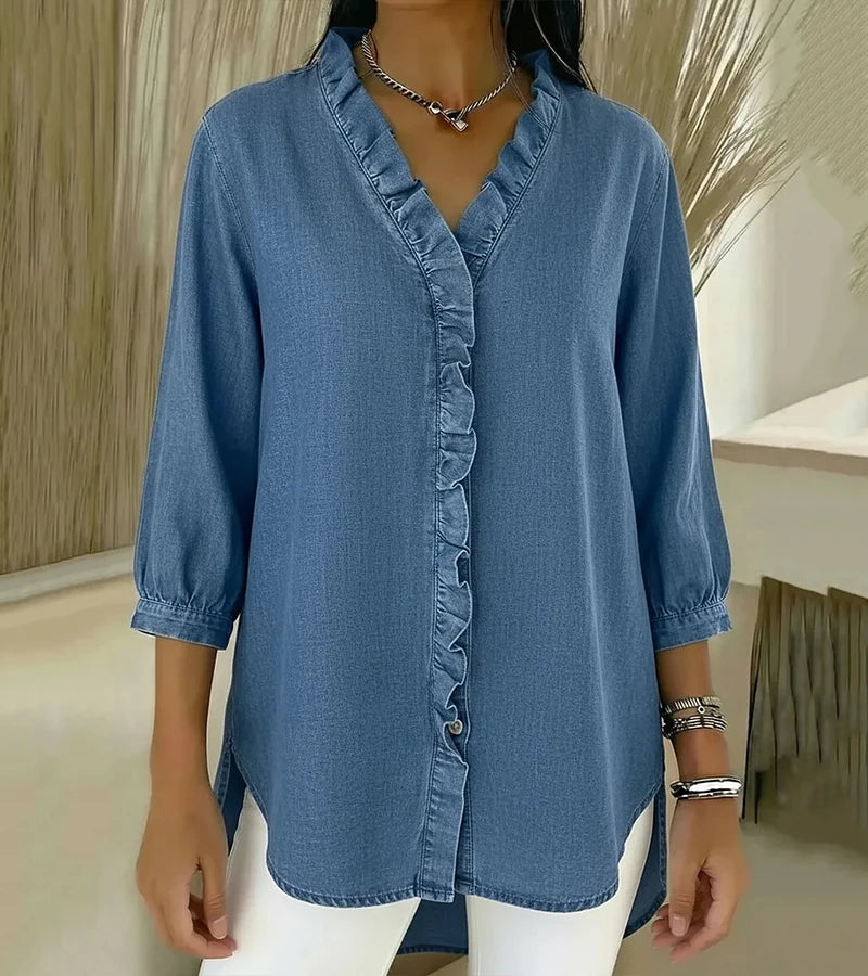 Linnea — Midnight Denim Ruffle Blouse