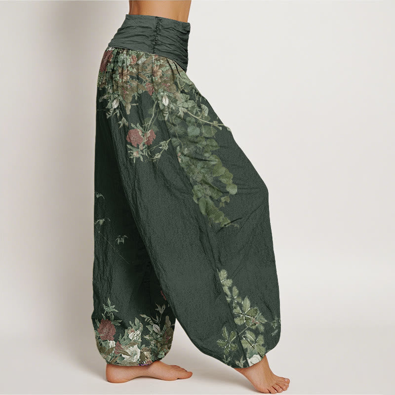 Pantalon Harem Décontracté en Coton pour Femme à Taille Élastique avec Motif de Vigne de Fleur de Pivoine Rouge Buddha Stones