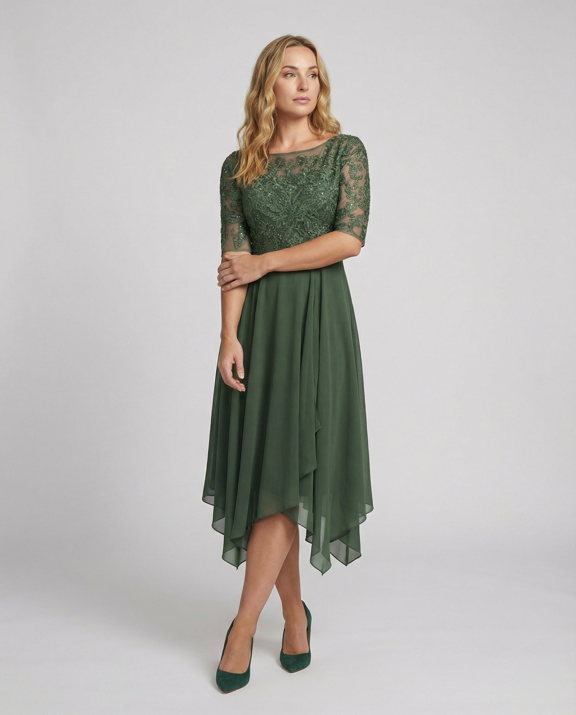 The Liora — Emerald Lace Midi Dress