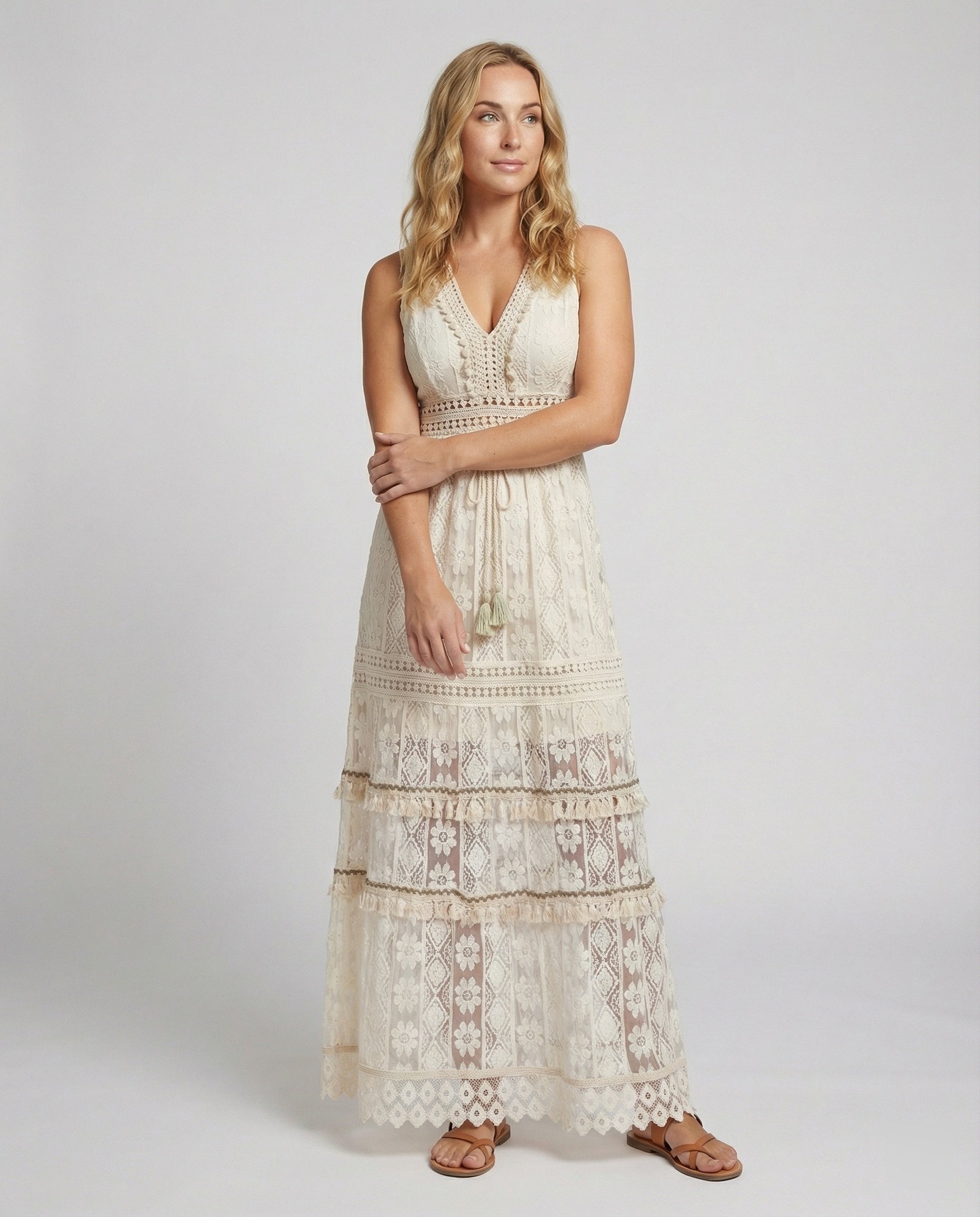The Liora — Linen Boho Lace Maxi Dress