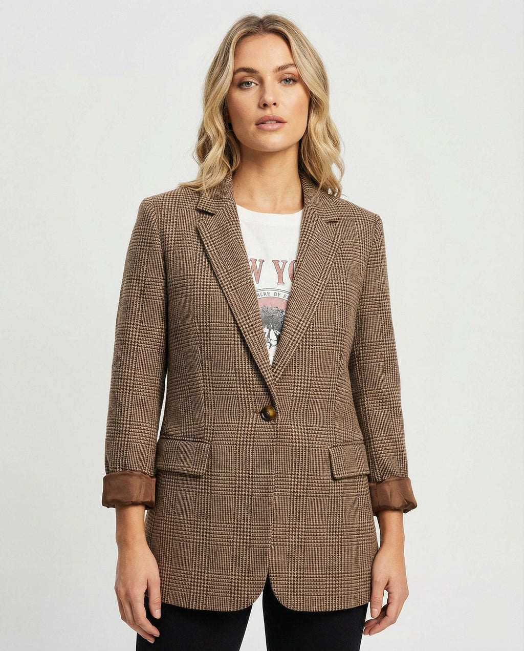 The Elara Blazer — Tawny Check